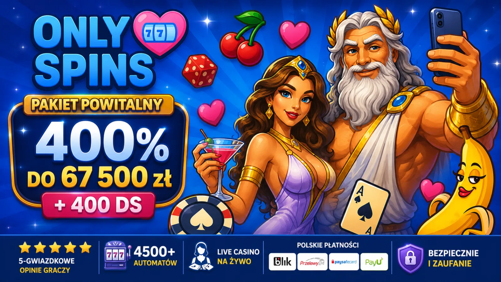OnlySpins Casino — bonus powitalny 400% do 67 500 zł + 400 darmowych spinów